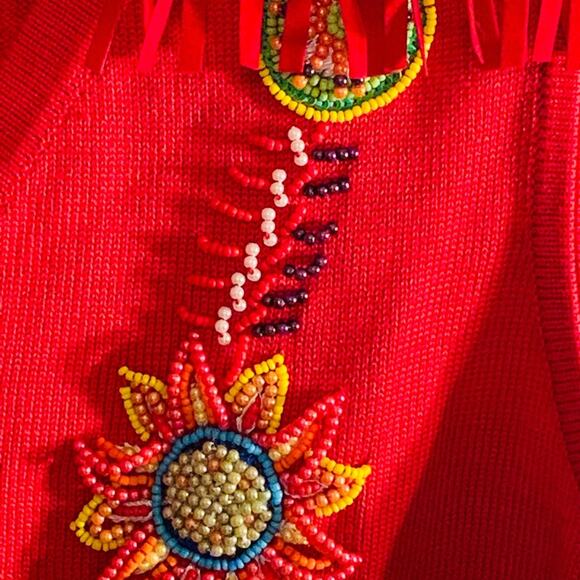 MICHAEL SIMON SPUN SILK Cotton RED Knitted Beaded FRINGEY VEST SML - Picture 4 of 13